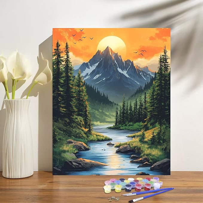 Mountain Paint by Numbers Kit for Adults Beginner Sunset Oil Painting Kit Adult Paint by Number Kits on Canvas Landscape DIY Painting for Beginners Art by Numbers for Gifts Home Wall Decor 16x20 Inch