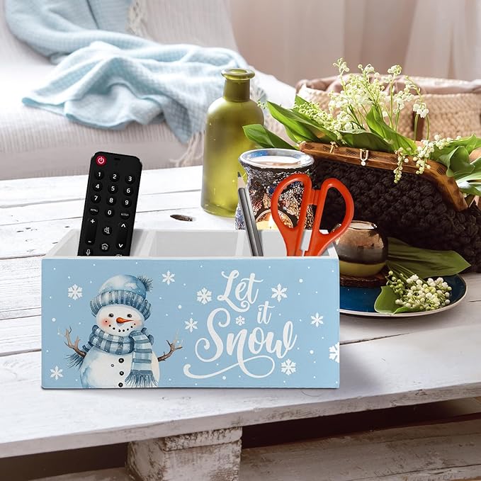 Blue Snowman Christmas Pen Pencil Holder Organizer for Desk Accessories, Snow Winter Christmas Wooden Box Sign Desk Decor for Home Office Decoration