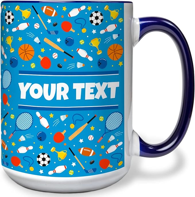 Personalized Mug for Kids - Sports - Custom Name/Text, Ceramic Hot Chocolate/Cocoa/Coffee Cup for Boys/Girls, Birthday/Christmas/Holiday Gift - 15 oz, White Handle
