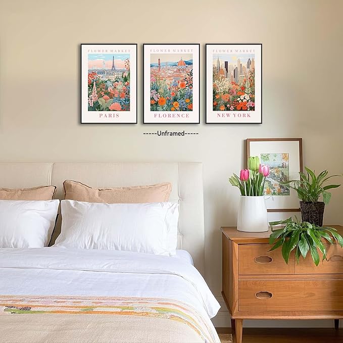 XLARTMY Flower Market Wall Art Prints Canvas Orange and Pink Floral Paintings Colorful Botanical Travel Flower Posters for Home Decor Pictures Set of 3 for Living Room Bedroom 16x24in Unframed