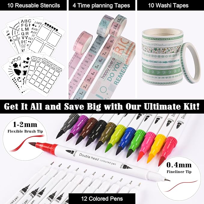 Bullet Dotted Journal Kit, 140gsm No Bleed A5 Dotted Bullet Grid Journal Set with 188 Pages, 10 Stencils, 14 Washi Tape, 12 Brush Pens Dual Tip, Journaling Supplies for Diary Schedule Planner, Black