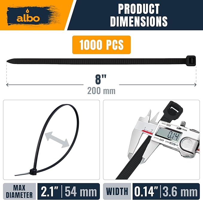 ALBO Zip Ties Black 8 Inch 1000 Pack 40 lb, Long Plastic Cable Ties Thick 0.14 Inch Tie Wraps Heavy Duty UV Resistant Nylon Wire Ties for Indoor and Outdoor