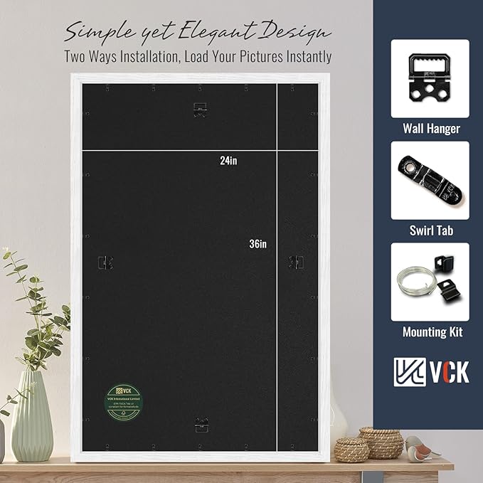 VCK 24x36 Picture Frames White Set of 5, Wide Border Wood, Display 20x30 Photo with Mat or 24 x 36 without, for Home, Office, Gallery, Woodgrain Series, Wall Hanging