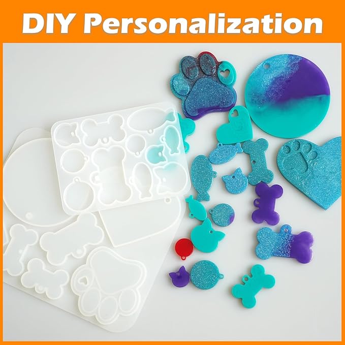 Pet Tag Resin Molds, Silicone Mold for Resin Casting Pet Collar Tags, Dog Paw/Bone/Circle/Heart Silicone Mold Set with 10 Keychains, DIY Keychain Pendant Charm Crafts-Make Dog Cat Name Tags