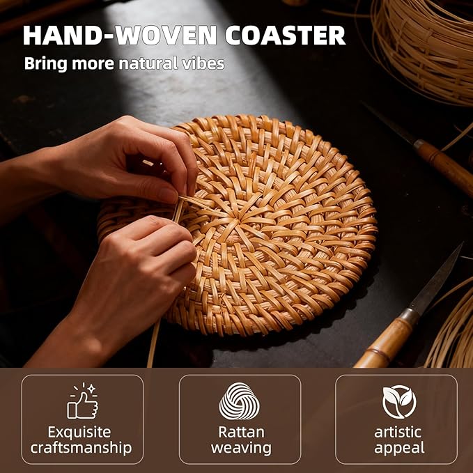 Handmade Rattan Coasters Set of 6 with Holder - Woven Aesthetic Drink Coasters for Table & Desk, Natural Boho Farmhouse Rustic Coffee Cup Pads, Home Bar Patio Table Outdoor Decor (Round)