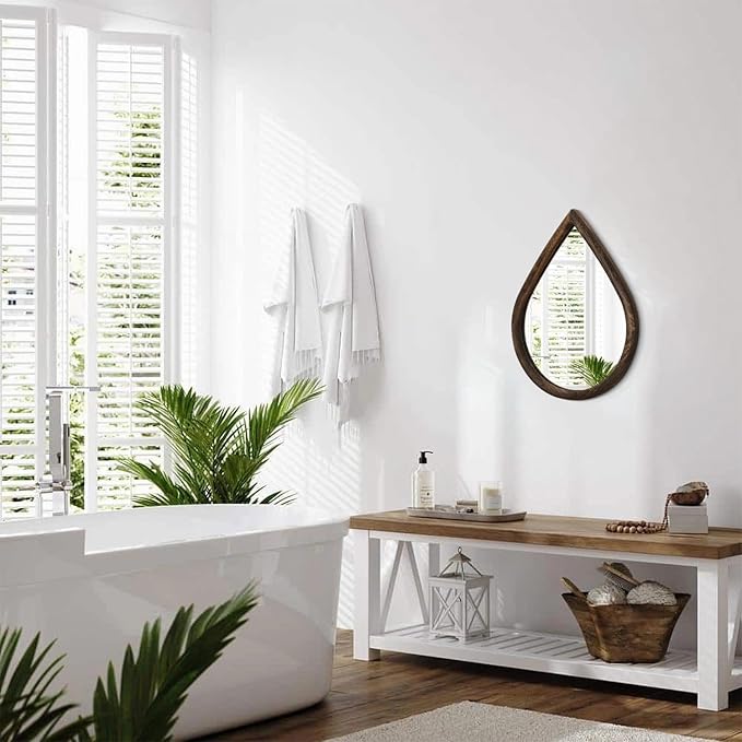 Irregular Wall Mirror with Wood Frame Rustic Wall Mirror Decorative Farmhouse Bedroom Bathroom Droplet Hanging Mirror Brown