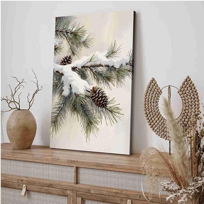 Framed Canvas Wall Art Snowy Fir Branch with Pinecones Vintage Winter Botanical Art Rustic Cottagecore Nature Decor Christmas Wall Print 20x30in Wood Framed
