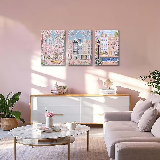 XLARTMY Watercolor City Landscape Travel Wall Art Canvas Framed Pink Cherry Flower Poster Girly Prints Painting Pictures Set of 3 for Bedroom Living Room Office 16x24in