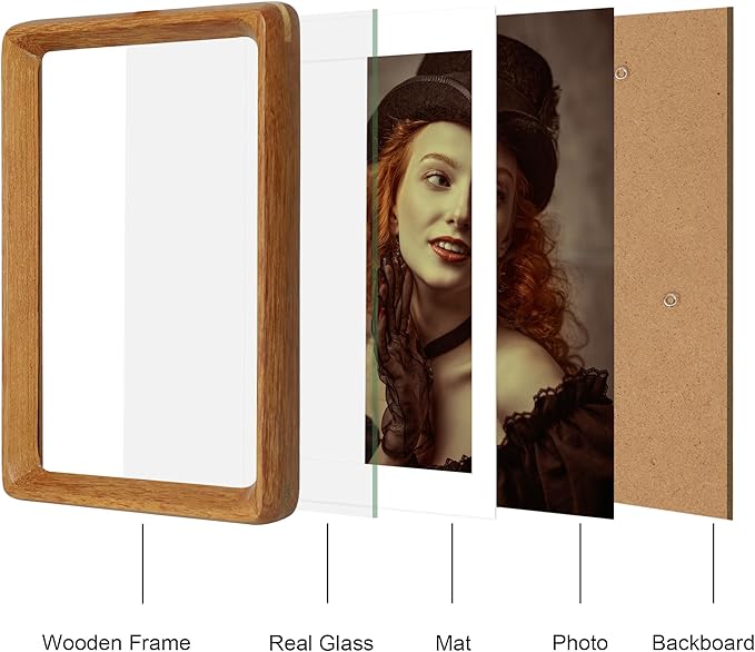 4x6 Picture Frame Natural Teak Wood with Mat for 3.5x5, Original Natural Solid Wood 4 by 6 Photo Frames with Tempered Glass Cover for Wall and Tabletop Display