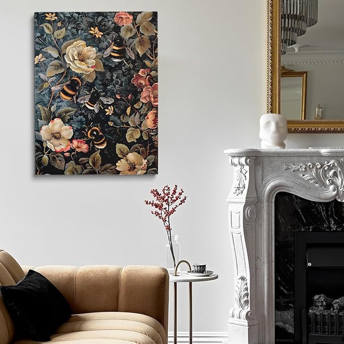 William Morris Wall Art Print or Canvas,Dark Academia Decor,Vintage Botanical Flower Wall Decor Bee Canvas Print Bee Animal Poster Vintage Farmhouse art 16x24in Large Frame Wall Art