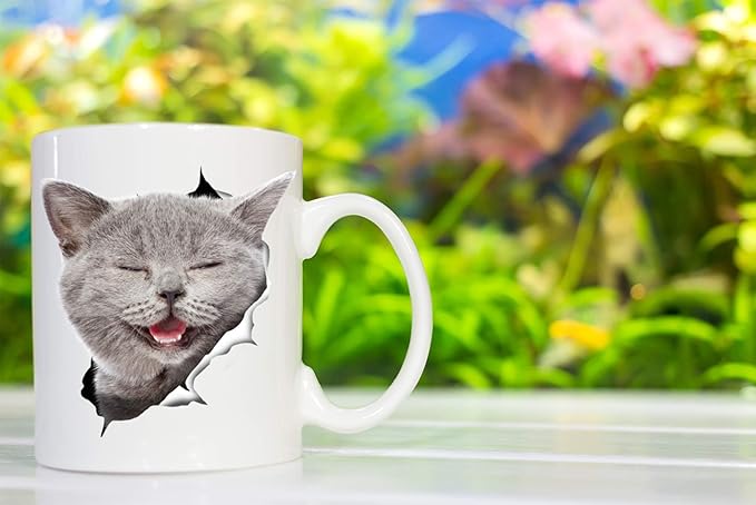 Laughing Grey Cat Coffee Mug - Ceramic Funny Coffee Mug - Perfect Cat Lover Gift - Cute Novelty Coffee Mug Present - Great Birthday or Christmas Surprise for Friend or Coworker, Men and Women (11oz)