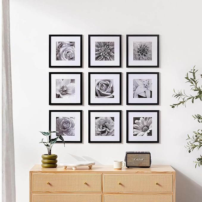 eletecpro 12x12 Picture Frames Set of 9 with Mat for 8x8 Photos or without Mat for 12x12, Square Gallery Wall Decor Collage for Picture Display, Black Frame Set for Wall Hanging