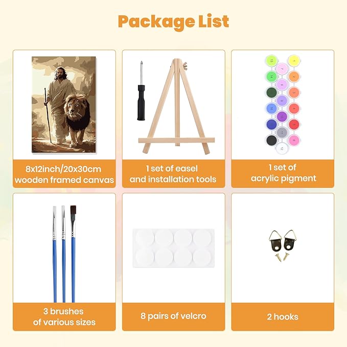 MXJSUA Jesus Framed Paint by Numbers for Adults Beginners, Easy Adults' Paint-by-Number Kits on Canvas with Easel, Lion Acrylic Number Painting Crafts Kits Gifts for Home Decor, 8x12inch