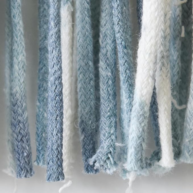 2 Pcs Tie-dye Macrame Wall Hanging Boho Home Decor, Blue White Yarn Tassel Wall Art with Modern Wood Frame, Semicircle Design 13.7" W x 30" L Perfect for Living Room Bedroom Headboard Decoration