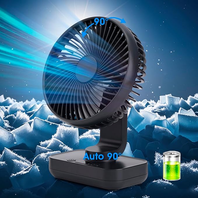 Oscillating Fan 5.1in Small Wall Mounted Oscillating Desk Fan Auto 90° Rotated Quiet 4 Speeds 4500mAh Rechargeable Battery Powered Cordless USB Fan for Indoor/Outdoor/Bedroom(Black)