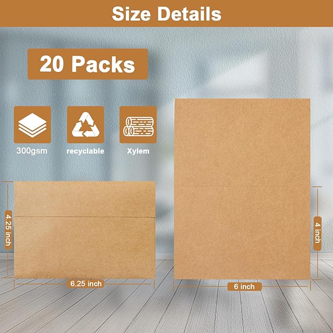 Brown Blank Cards and Envelopes 4 x 6 Heavyweight Folded Cardstock and A4 Envelopes Printable Self Seal 20 Packs for DIY Wedding Invitations, Christmas Greeting Cards, Party, Mailing