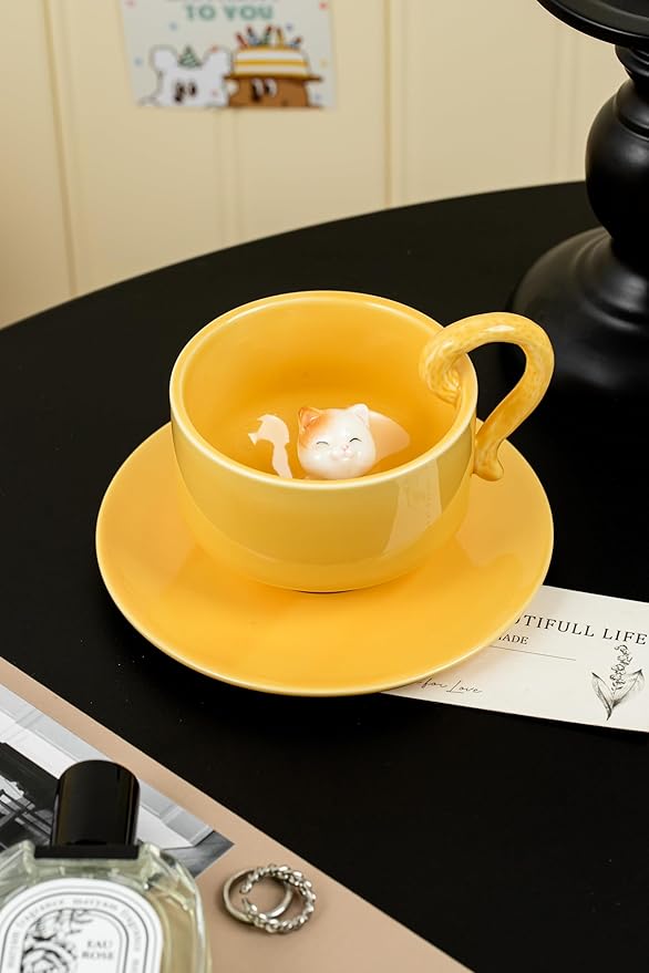 DIHOclub Ceramic Coffee Mug With Saucer 3D Cat Sculpture With Tail Handle - Elegant Office & Gift-Ready Tea Cup for Pet Lovers, Birthday, Christmas (Yellow Cat)