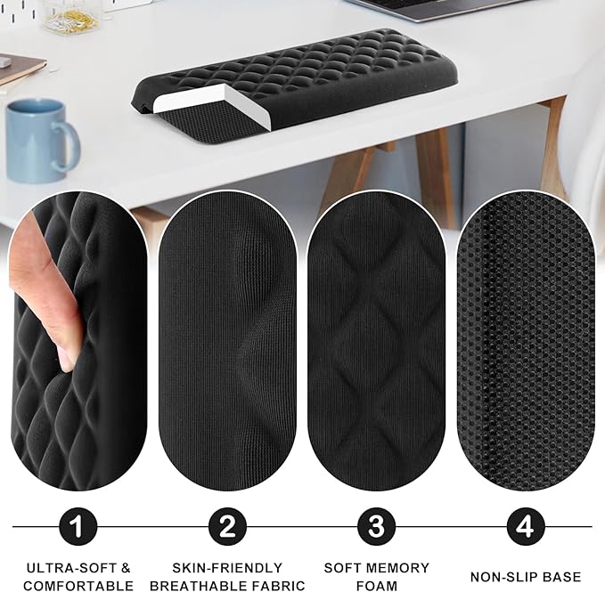 L-Shaped Desk Elbow Pads, 2-Piece Set - Accessories Ergonomic Memory Foam Arm Rest for Office & Gaming Desks, Anti-Slip Edge Cushion to Relieve Elbow & Wrist Pain (11.8"x3.9", Black)