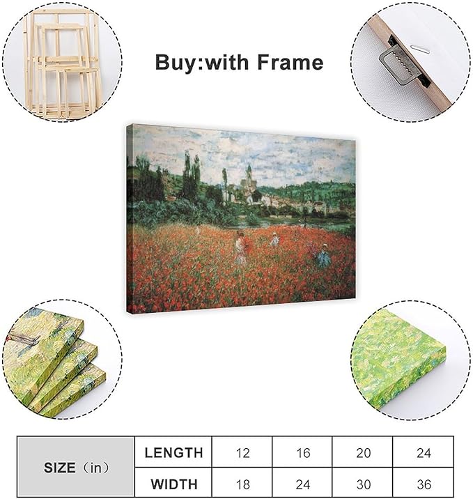 40+ Monet Famous Print Posters Poppy Field near Vetheuil by Claude Monet Impressionism Canvas Art Poster And Wall Art Picture Print Modern Family Bedroom Decor Posters Frame 16×24inch(40×60cm)