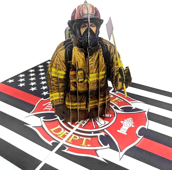 3D Pop Up Greeting Card – Handmade Firefighter Card with American Flag – Heroic Fireman with Axe – Birthday, Father’s Day, Graduation, Retirement, Thank You Card for Firefighters