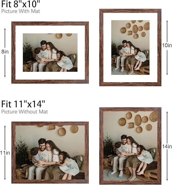 11x14 Picture Frame Set of 9, Photo Gallery Wall Frame Set, Display Pictures 8x10 with Mat or 11 x 14 Without Mat, Multi Photo Frames for Wall Mounting or Table Top Display, Rustic Brown
