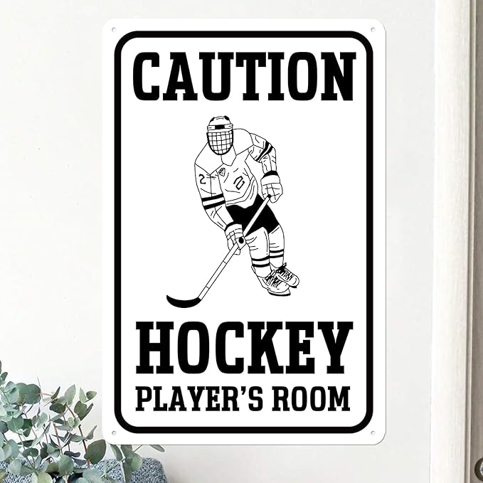 Hockey Gifts for Boys 8-12 Hocky Metal Sign Room Decor Caution Hockey Player's Room Tin Signs Ice Hockeys Wall Art Sports Posters Gifts for Men Hockeys Party Accessories for Boys Bedroom 8x12 Inch