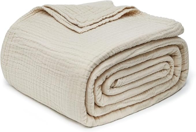 Joydeco 100% Cotton Muslin Throw Blanket for Couch Bed and Sofa, 4-Layer Lightweight and Breathable Soft Gauze Blanket for All Season, Luxury Throws Cotton Blanket Gift(Light Tan, 55"x75")