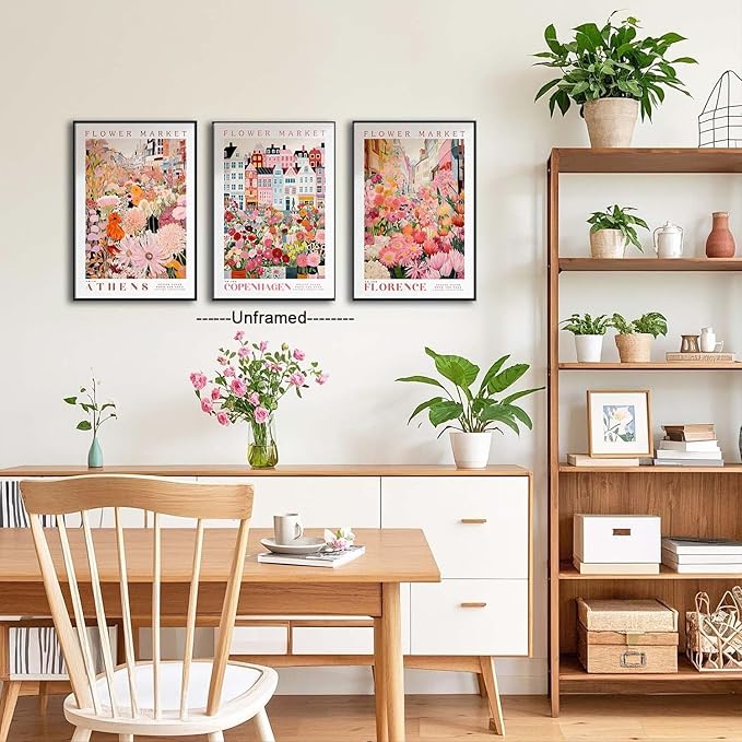XLARTMY Flower Market Wall Art Print Canvas Pink Floral Painting Colorful Botanical Sunflower Artwork Travel Posters for Home Decor Pictures Set of 3 for Living Room Bedroom 16x24in Unframed