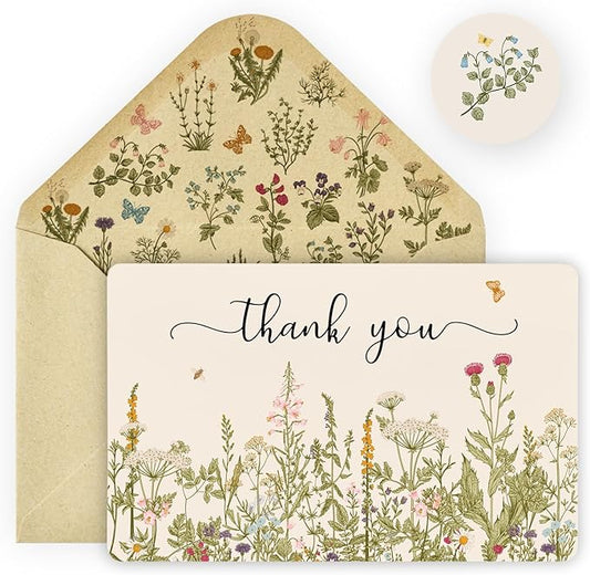 Artoid Mode 12 Pack Fall Wildflower Thank You Cards Floral Leaves Greeting Cards Gift With Envelope Sticker Blank Note Cards for Birthday Wedding Baby Shower Bridal Shower, 4 x 6 Inch