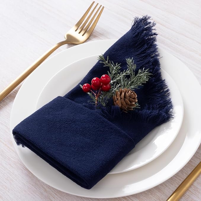 12 Pack Navy Blue Cotton Linen Napkins with Fringe Spring Cloth Napkins Set of 12 Boho Handmade Dinner Napkins Bulk for Wedding Bridal Baby Shower Valentine's Day, 17 x 17 Inches