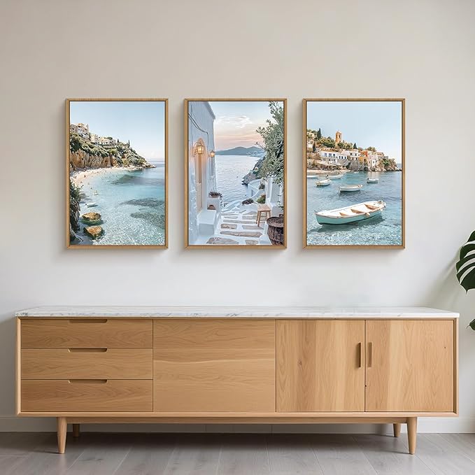 Natural Coastal Ocean Framed Canvas Wall Art Set,Modern Whitewashed Architecture Scenery Wall Decor, Mediterranean Beach Boat Landscape Artwork for Living Room, Bedroom,Farmhouse- 16"x24"x3
