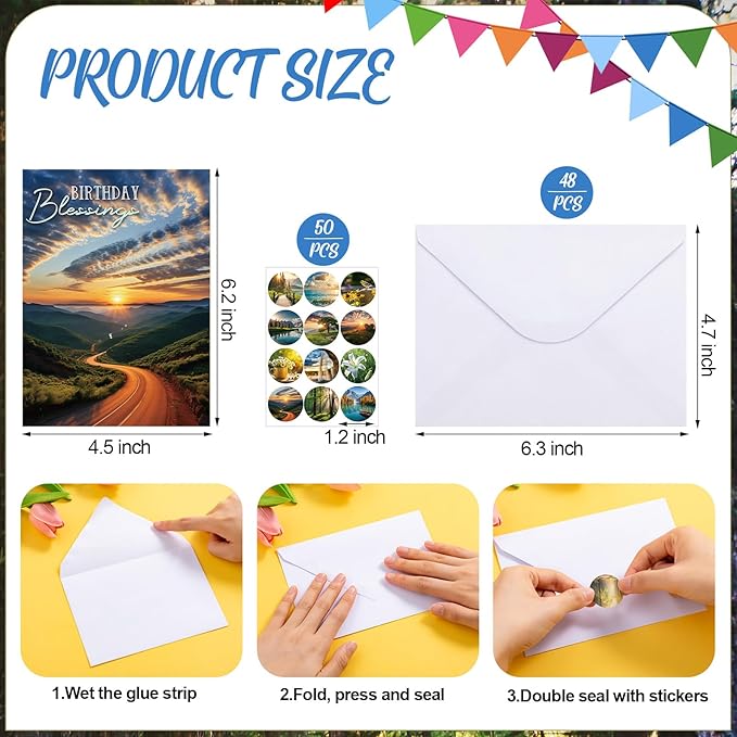 48 Pack Religious Christian Birthday Cards Bulk with Scripture Assorted Bible Verse 4.5 x 6.2 Inch Christian Blessings Birthday Greeting Cards with Envelopes and Stickers (Landscape Style)