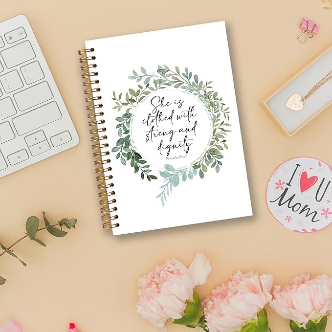she is clothed with strength and dignity Christian Spiral Notebooks, Proverbs 31:25 Bible Journal, Scripture Journals for Writing, Religious Notebook for Note Taking, 5.5x8.3 Inch