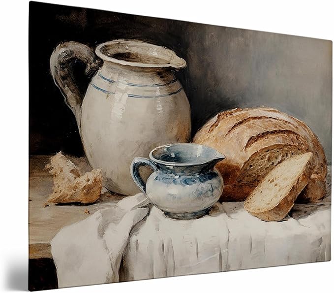 Country Kitchen Wall Art-Still Life Pottery,Moody Kitchen Still Life Painting,Bread Still Life Art,Sourdough Bread Still Life Print,Farmhouse Print,Kitchen Home Decor24x36 Framed