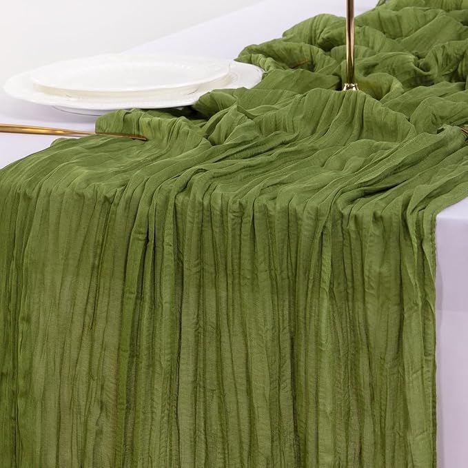 Socomi 3pcs Olive Green Valentine's Day Cheesecloth Table Runner Boho Rustic Gauze 120 inch 10FT Cheese Cloth Runner for Wedding Party Baby Shower Birthday Home Decor Holiday Decorations