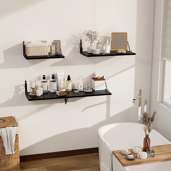 Dreamland Deep Floating Shelves, 36" W x 12" D Wall Shelves Set of 2, Wide Display Shelf Wall Mounted with Brackets, Bookshelf for Living Room, Bathroom, Bedroom, Black