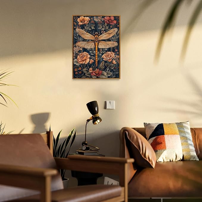 Djmwtb Framed Vintage Wall Art, Dragonfly Wall Decor,Nature Botanical Wall Art for Bedroom, Flower Pictures Paintings Canvas Artwork Prints for Living Room 16x24in