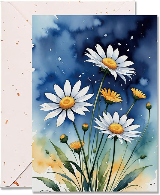 Elegant Blank Inside Greeting Card with Envelope, 5x7 Inch Watercolor Daisy Greeting Card for All Occasions - Birthday, Sympathy, Thank You - Single Card