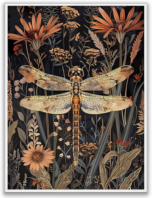 Dragonfly Canvas Wall Art,Moody Wall Art,William Morris Print,Aesthetic Wall Decor,Dark Cottagecore Art,Vintage Animal Dragonfly Posters Prints for Bathroom Farmhouse Decor 8x12in Unframed poster