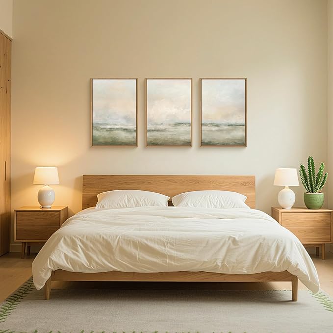 Abstract Beige Green Landscape Framed Canvas Wall Art Set, Watercolor Natural Tan Wall Decor, Minimalist Neutral Modern Scenery Artwork for Living Room, Bedroom,Farmhouse- 16"x24"x3