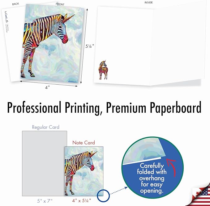 The Best Card Company 20 Assorted Blank All Occasions Notecards Box Set 4 x 5.12 Inch with Envelopes (10 Designs, 2 Each) Zebra-corns AM10312OCB-B2x10