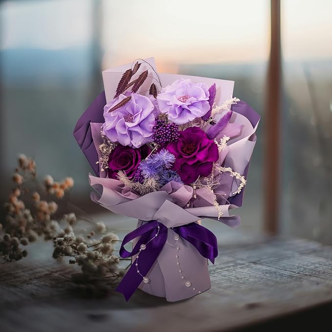 HUACHIPLUS Natural Eternal Flowers Gift: Preserved Flowers Bouquet, Anniversary, Birthday, Mom Gifts for her-Flowers for Delivery Prime-Purple Forever Flower Arrangement (Violet)