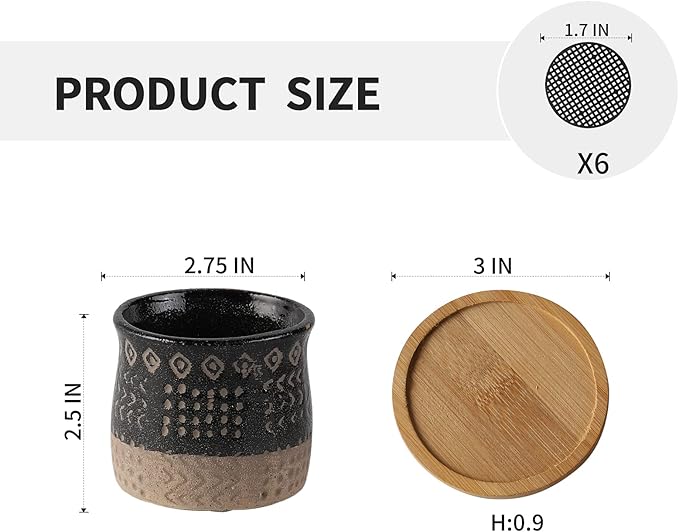 TAMAYKIM 2.75 Inch Mini Ceramic Succulent Plant Pots, Black Indoor Small Planter, Retro Elements Planter Pots with Saucer & Drainage Hole, for Cactus, Small Plants, Set of 6 (Plant Not Included)