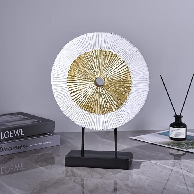 oliruim 12" Tall Abstract White Gold Round Sculpture - Unique Home Decoration for Above Cupboard Decor, Living Room Coffee Table, Console, Office, Entrance, Table Centerpieces (White Gold)