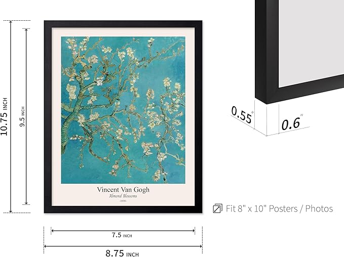 Monem Art Vintage Van Gogh Poster - Retro Almond Blossoms Print - Impressionism Art - Fine Art - Classic Painting Art - Flower Art - Floral Bedroom or Office Wall Decor - 8x10 Black Framed