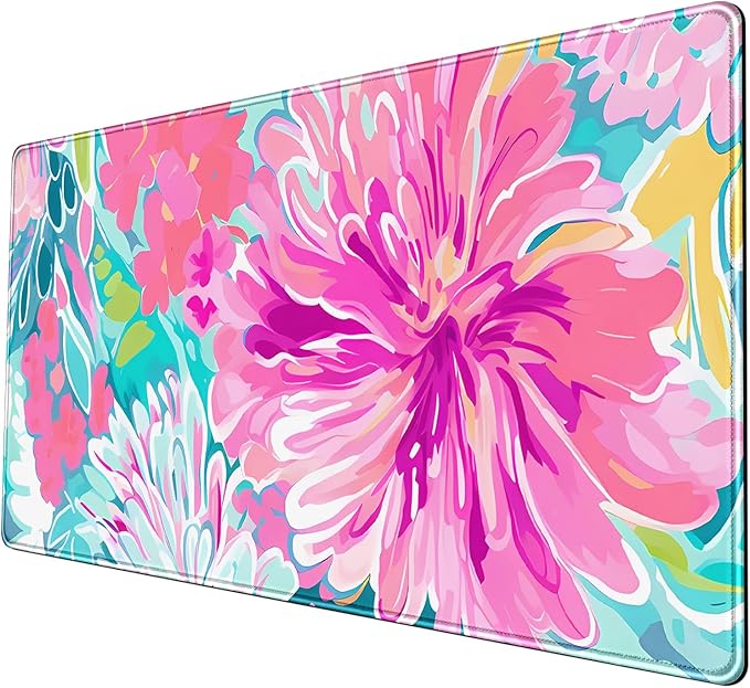 Chinoiserie Watercolor Floral Desk Mat - Pink Flower & Teal Leaves Large Mouse pad - XXL Non-Slip Desk Pad for Laptop, Vibrant Office Decor，Gaming Setup, Study Writing Mat 31.5x15.7in