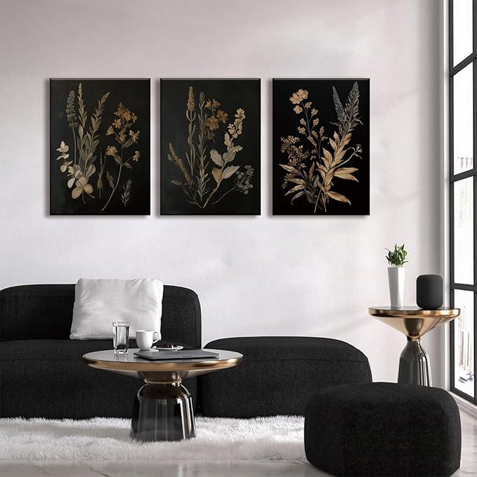 TUEASKY 3 Piece Moody Botanical Canvas Wall Art Vintage Floral Wall Art Boho Dark Flower Decor Black Wildflower Art Prints for Living Room Bedroom16x24in Framed