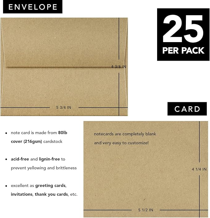 A2 Blank Grocer Brown Kraft Note Cards & Envelopes – Thick Flat Cards for Wedding and Birthday Invitations, Holiday Greetings, Postcards, All Occasions | 25 per Pack | NOT A Fold Over Card