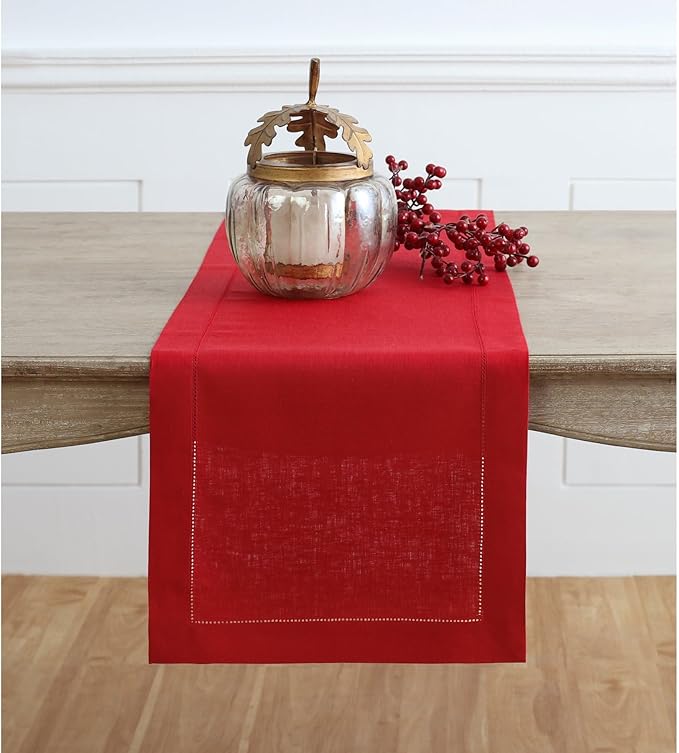 Solino Home Linen Red Table Runner 108 Inches Long - 100% Pure Linen 14 x 108 Inch Table Runner for Valentines, Winter - Classic Hemstitch