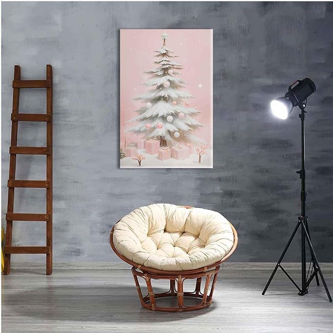 Framed Canvas Wall Art Pink Christmas Tree Wall Art Print Holiday Poster Trendy Christmas Decor 28x40in Wood Framed